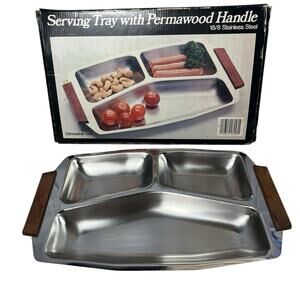 Vtg Mid Century Modern Stainless Steel 3 Divided Serving Tray Perma Wood Handles